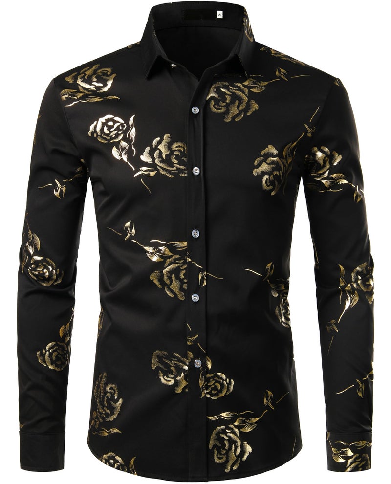 ZEROYAA Men's 3D Golden Rose Printed Slim Fit Long Sleeve Button Down Floral Dress Shirts ZZCL30 Black Gold Large - Image 1